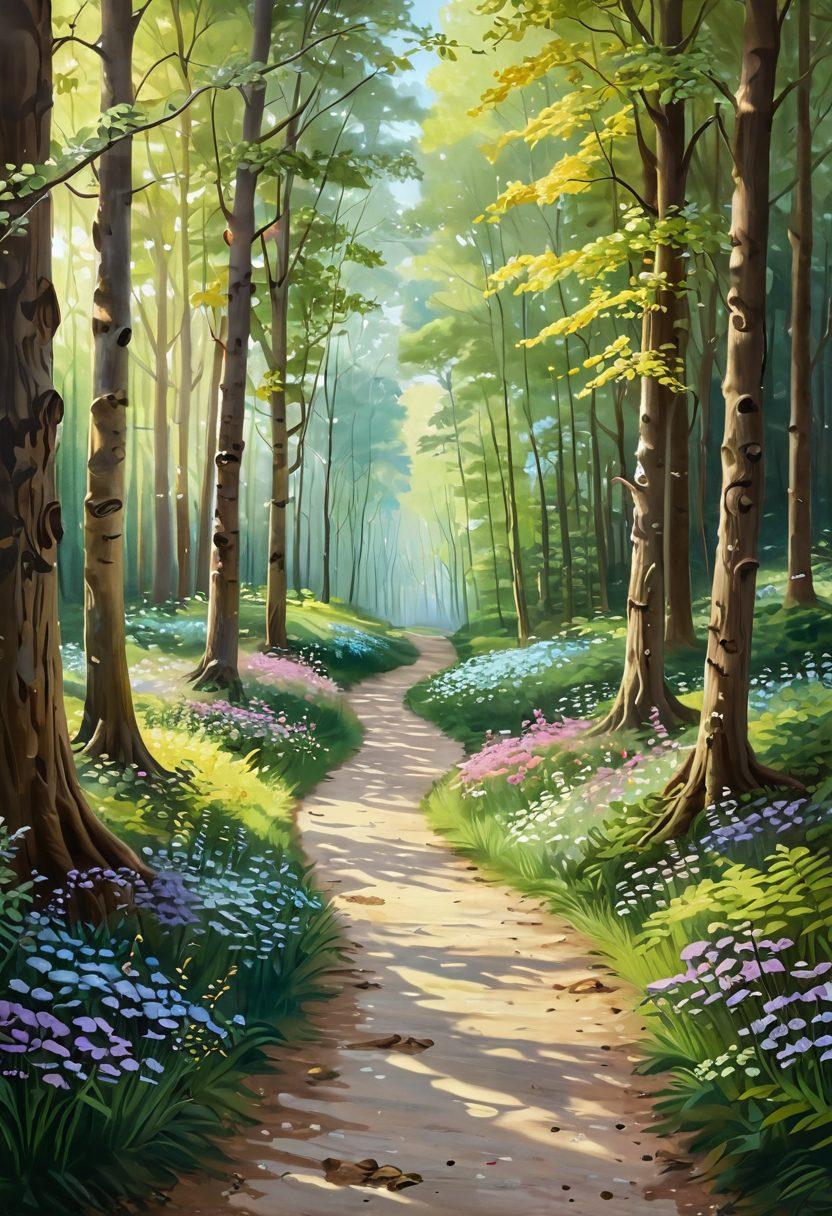 A serene path winding through a tranquil forest, symbolizing the journey from illness to recovery, featuring gentle sunlight filtering through the trees. Along the path, represent milestones like a diagnosis represented by a signpost, and symbols of support like hearts and ribbons. Include subtle elements of hope, such as blooming flowers and butterflies. painting. soft colors. warm ambience.