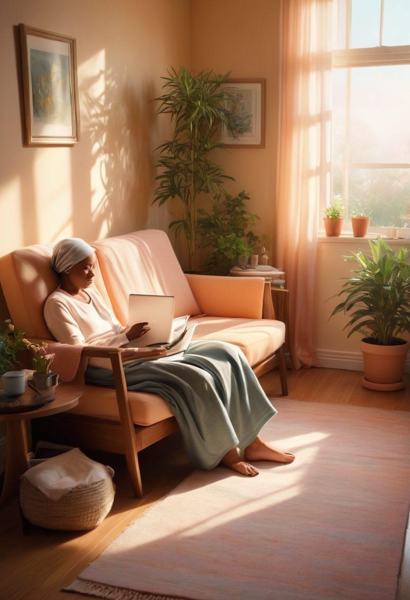 A serene healthcare environment showcasing a compassionate caregiver helping a cancer patient in a cozy room filled with soft sunlight. Half of the image should depict informative resources such as pamphlets and a laptop displaying cancer care info. The other half features supportive elements like a comforting chair and potted plants, emanating hope and comfort. The colors should be calming and warm, conveying empathy and guidance. super-realistic. soft pastel colors. warm lighting.