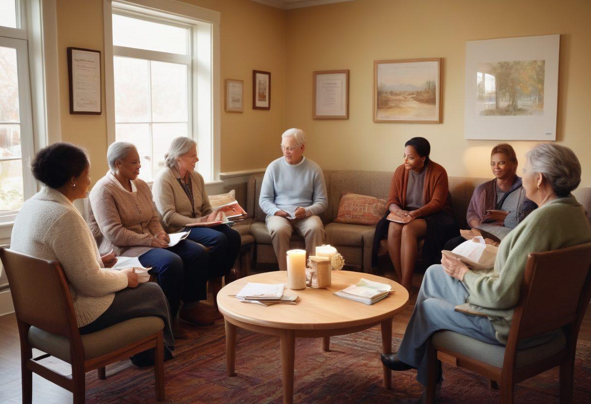 A heartwarming scene depicting a diverse group of patients and caregivers gathered in a cozy community space, sharing resources and support. Include a round table filled with pamphlets, books, and warm beverages, surrounded by natural light illuminating their friendly faces. Soft colors and comforting decor to create a sense of connection and hope. super-realistic. warm tones. inviting atmosphere.